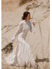 Long Bell Sleeves Ivory Lace Slit Stunning Wedding Dress